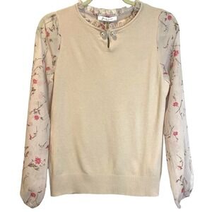 NWT Siani Milano Winter White Sweater Sheer Bell Sleeve Ruffle Pearl Collar‎ XS